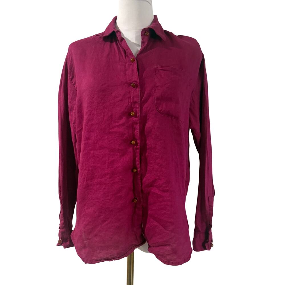Magaschoni 100% Linen Button Front Long Sleeve Shirt Womens XS Pink Fuschia Chic